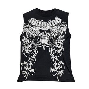 Skin Industries Mens Sleeveless Muscle Tee Black Winged Skull Graphic Y2K Biker